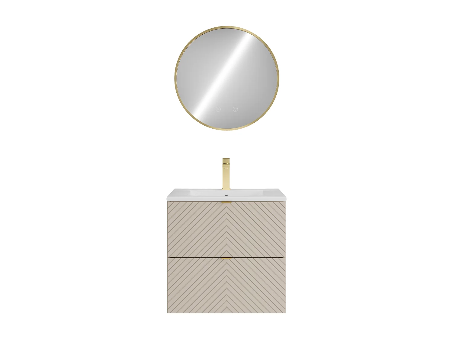 Hängender Badschrank Chevron-Muster mit Einbauwaschbecken, Armatur und Spiegel - Beige - 60 cm - DORIONI