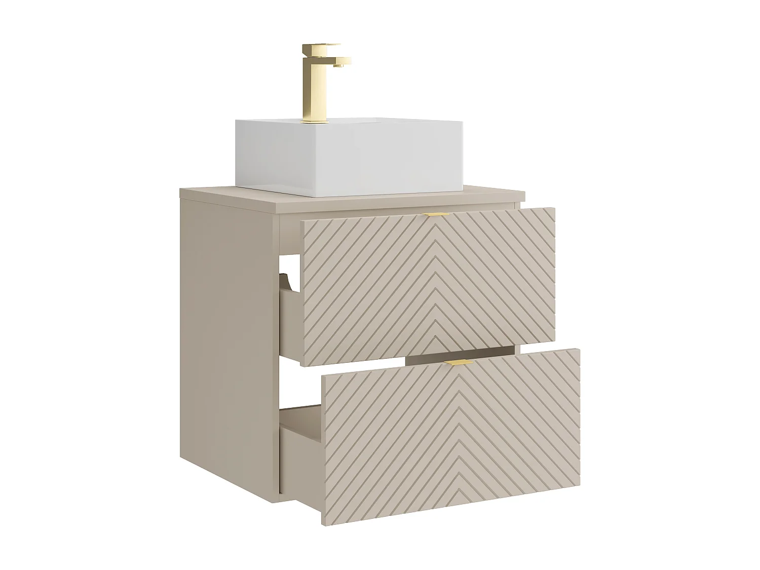 Meuble de salle de bain suspendu avec vasque à poser carrée et robinet - Beige - 60 cm - DORIONI
