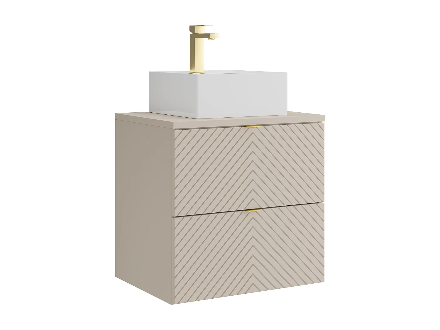 Meuble de salle de bain suspendu avec vasque à poser carrée et robinet - Beige - 60 cm - DORIONI