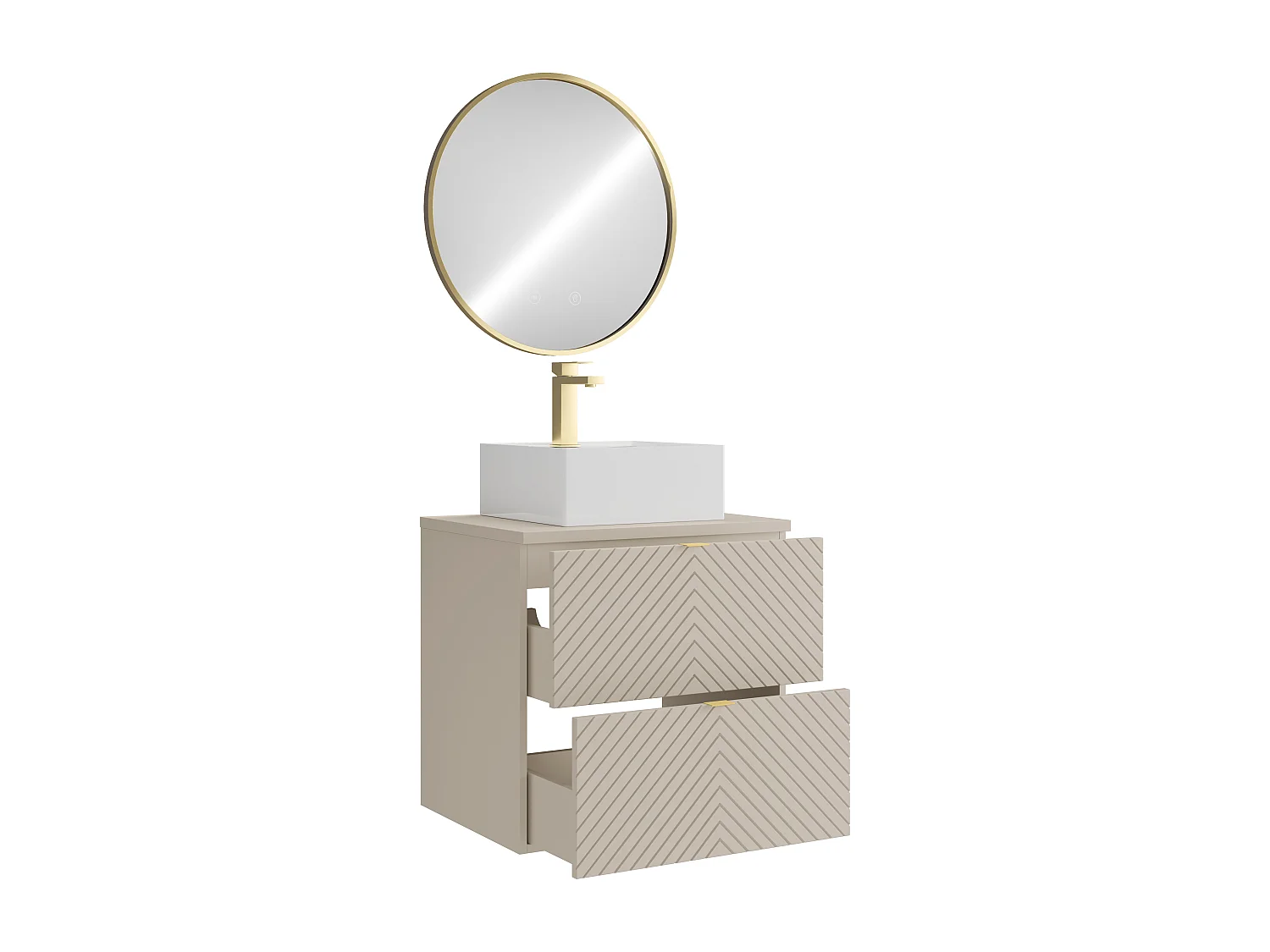 Meuble de salle de bain suspendu avec vasque à poser carrée, robinet et miroir - Beige - 60 cm - DORIONI