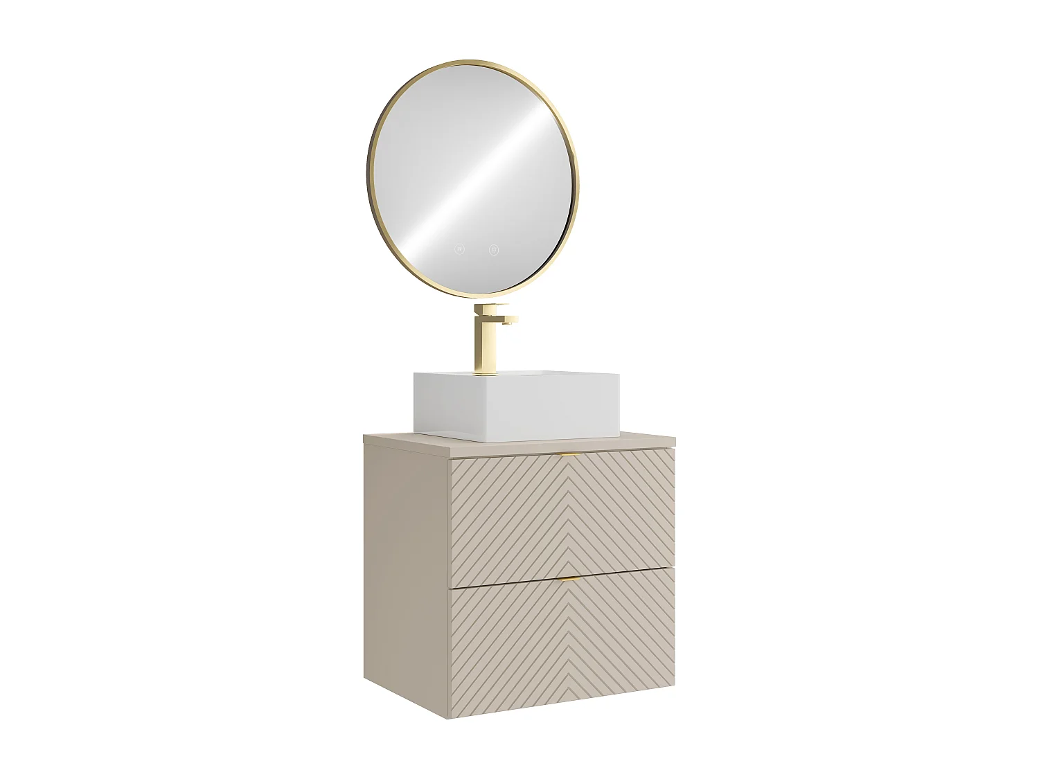 Meuble de salle de bain suspendu avec vasque à poser carrée, robinet et miroir - Beige - 60 cm - DORIONI