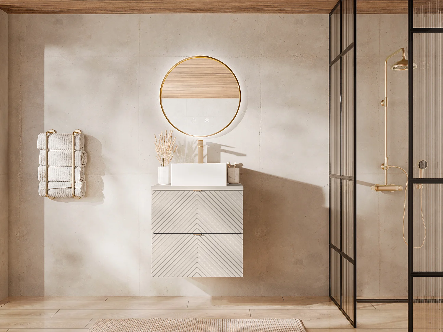 Meuble de salle de bain suspendu avec vasque à poser carrée, robinet et miroir - Beige - 60 cm - DORIONI