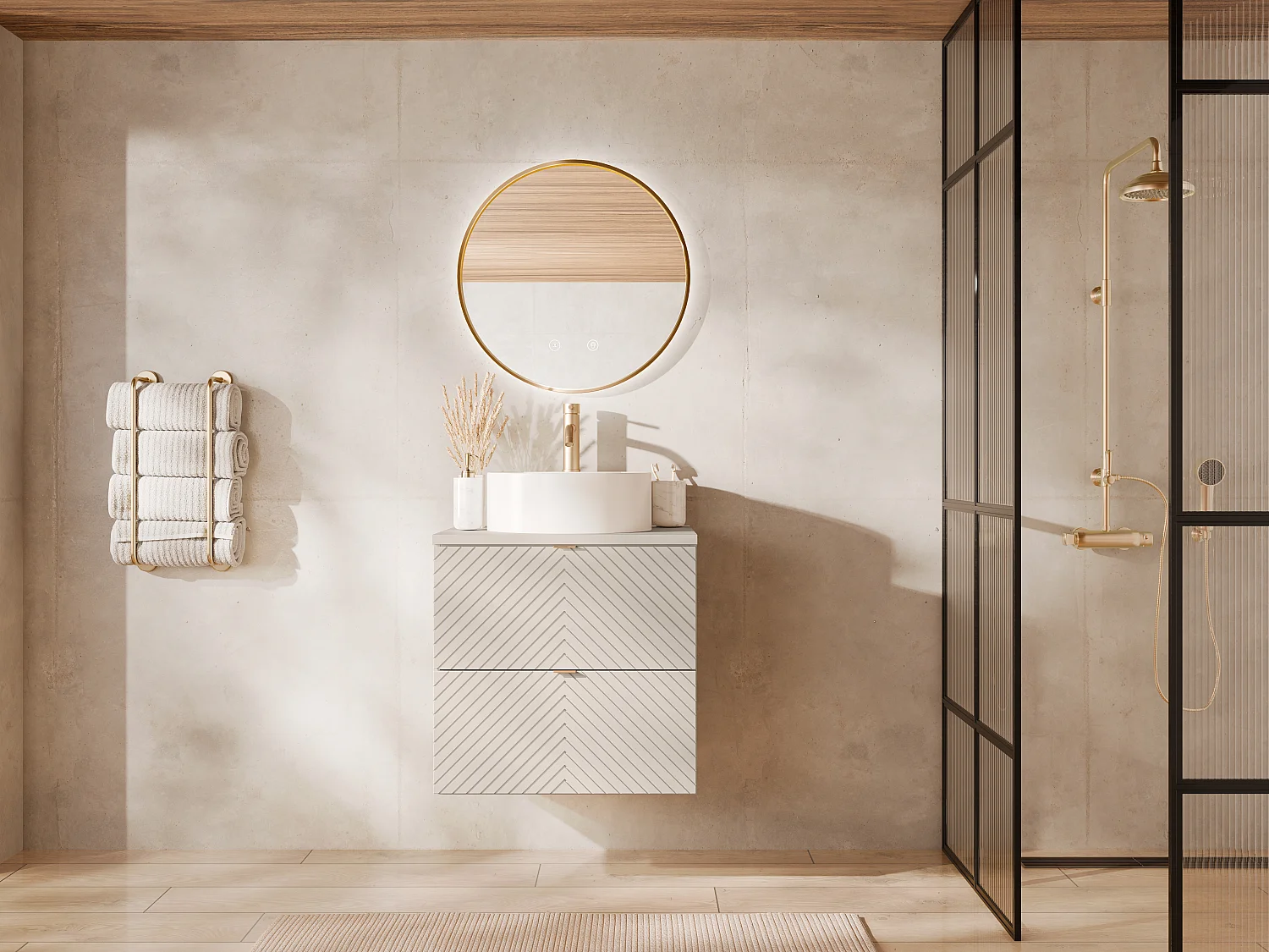 Meuble de salle de bain suspendu avec vasque à poser ronde et robinet - Beige - 60 cm - DORIONI