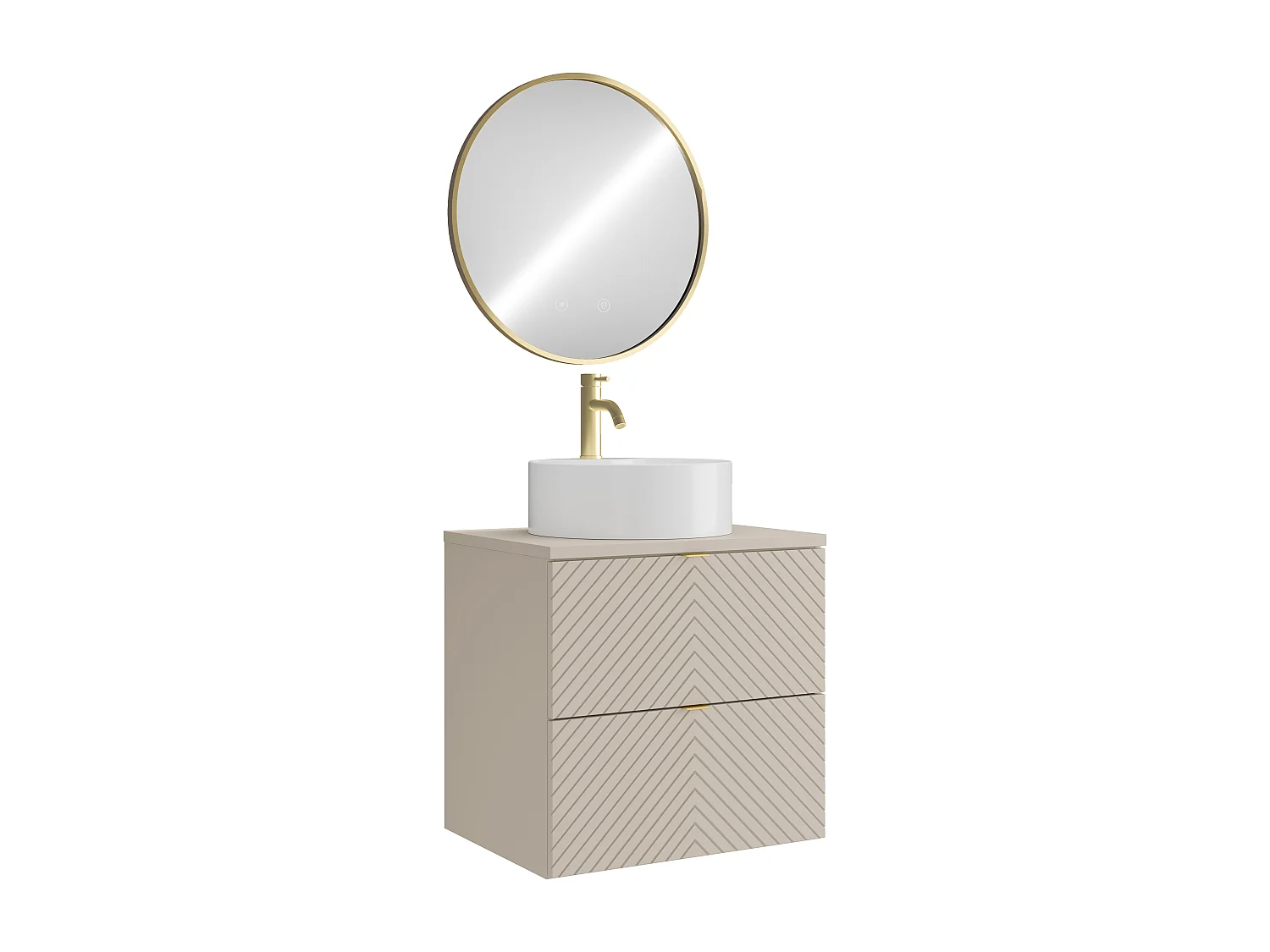 Meuble de salle de bain suspendu avec vasque à poser ronde, robinet et miroir - Beige - 60 cm - DORIONI