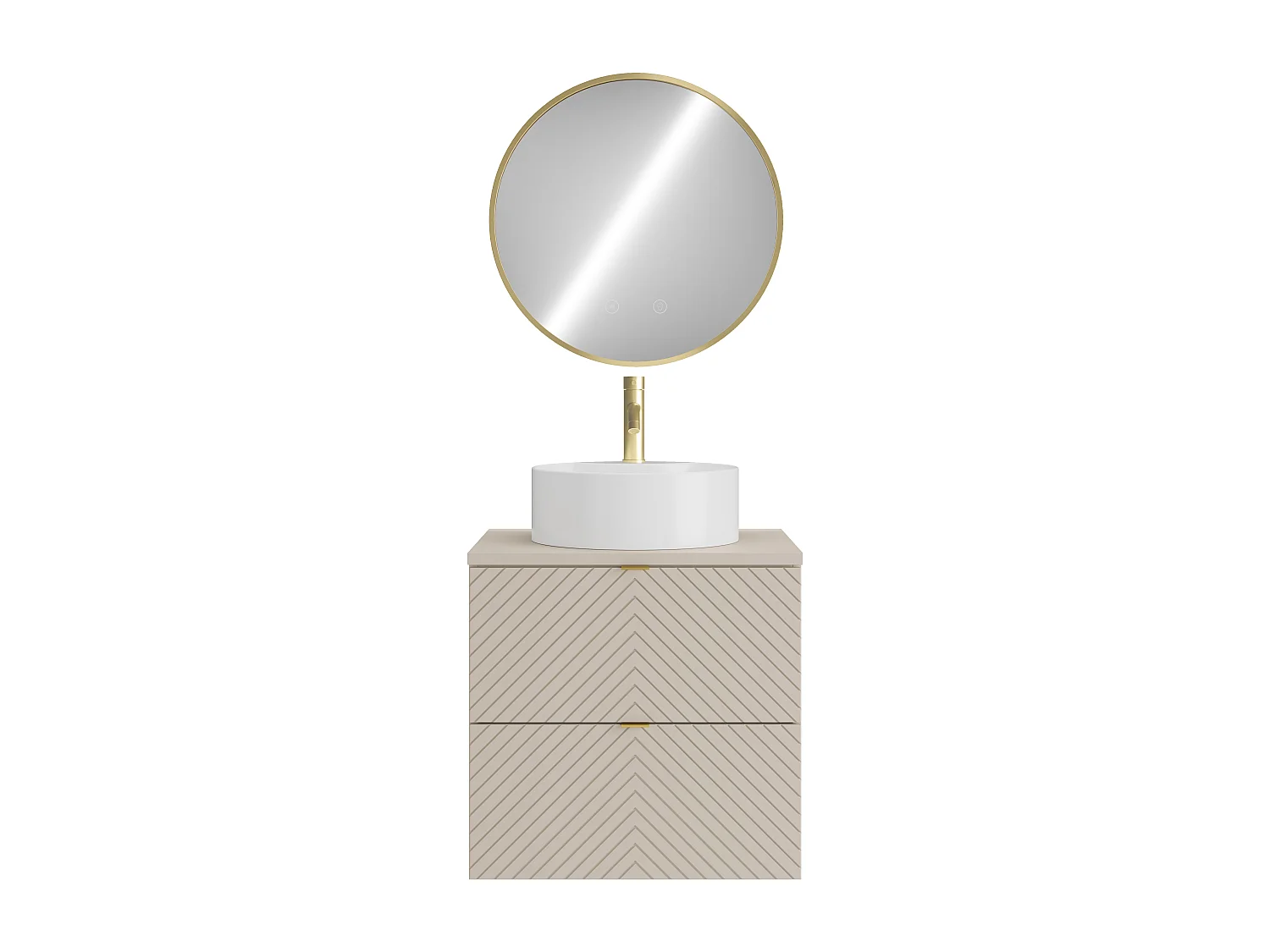 Meuble de salle de bain suspendu avec vasque à poser ronde, robinet et miroir - Beige - 60 cm - DORIONI