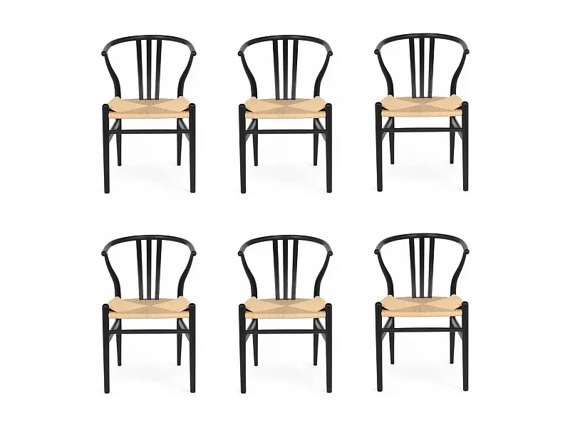 Esszimmerstühle 6er Set Nicoline - Papiergarn & Massives Eichenholz - Schwarz