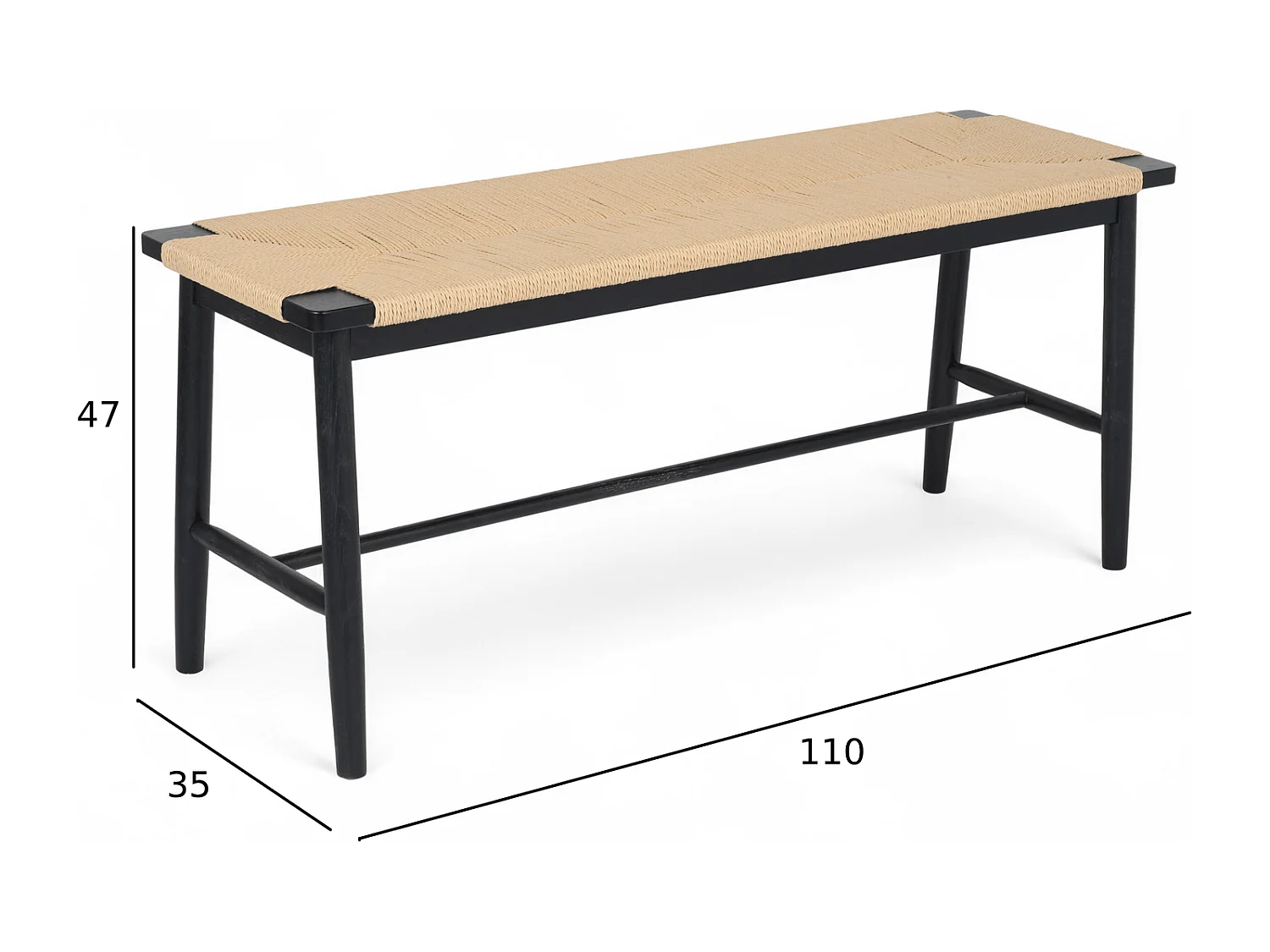 Sitzbank 110 cm Prime - Papiergarn & Massives Eichenholz - Schwarz