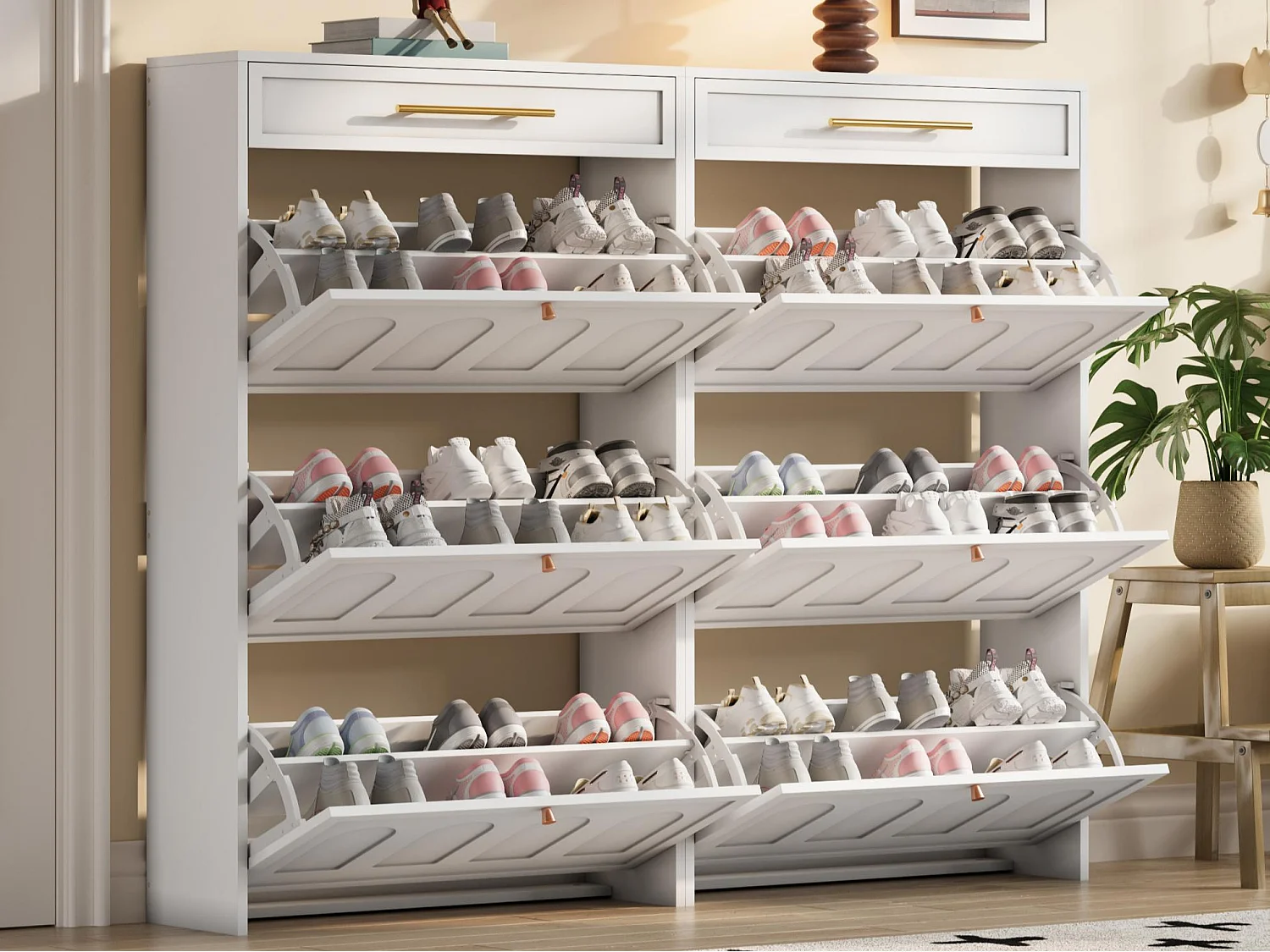 Meuble à chaussures 2 pièces 140x25x123,5 cm - 6 portes abattantes et 2 tiroirs - 12 étagères - MDF - Blanc