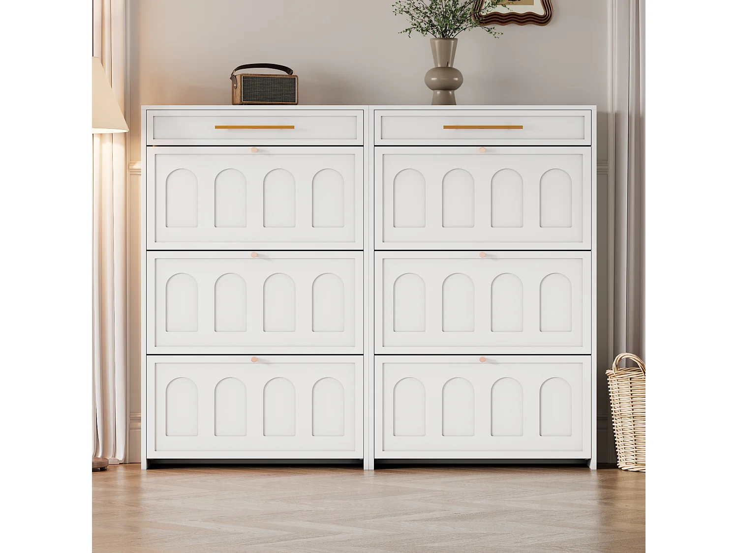 Meuble à chaussures 2 pièces 140x25x123,5 cm - 6 portes abattantes et 2 tiroirs - 12 étagères - MDF - Blanc