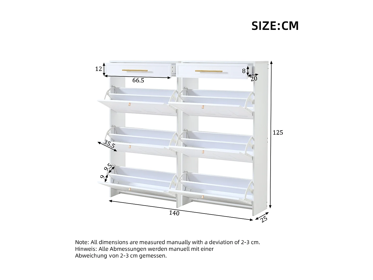 Meuble à chaussures 2 pièces 140x25x123,5 cm - 6 portes abattantes et 2 tiroirs - 12 étagères - MDF - Blanc