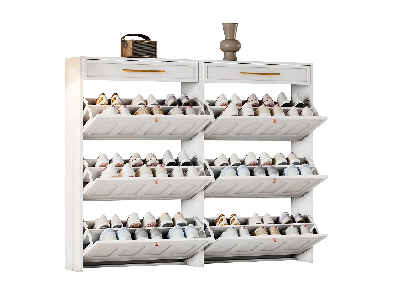 Meuble à chaussures 2 pièces 140x25x123,5 cm - 6 portes abattantes et 2 tiroirs - 12 étagères - MDF - Blanc