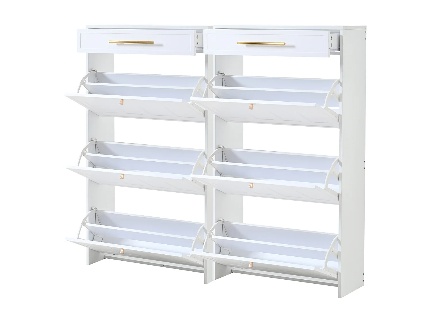 Meuble à chaussures 2 pièces 140x25x123,5 cm - 6 portes abattantes et 2 tiroirs - 12 étagères - MDF - Blanc