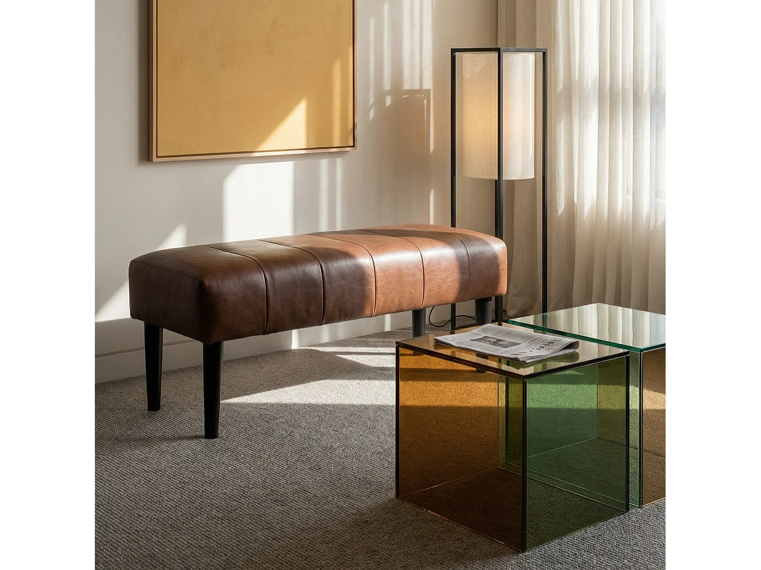 Sitzbank 92 cm Athea - Leder & MDF, Massivholz, Schaumstoff - Braun