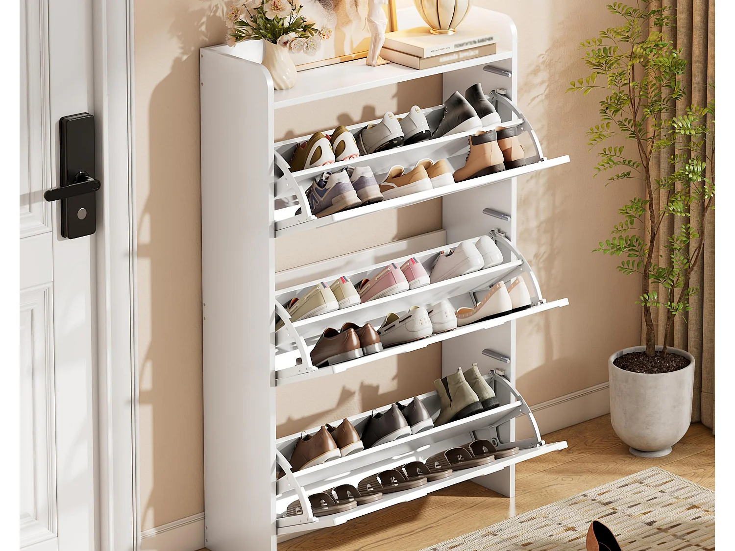 Meuble à chaussures 70x25x120 cm - avec 6 compartiments - 3 portes abattantes - MDF - Blanc