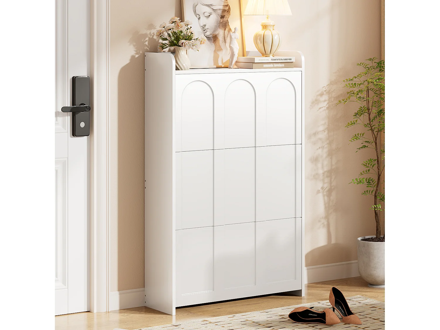 Meuble à chaussures 70x25x120 cm - avec 6 compartiments - 3 portes abattantes - MDF - Blanc