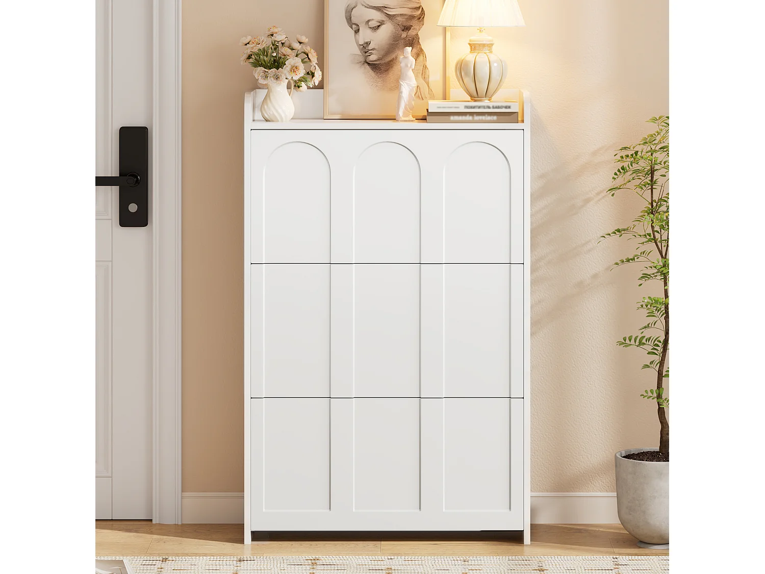 Meuble à chaussures 70x25x120 cm - avec 6 compartiments - 3 portes abattantes - MDF - Blanc