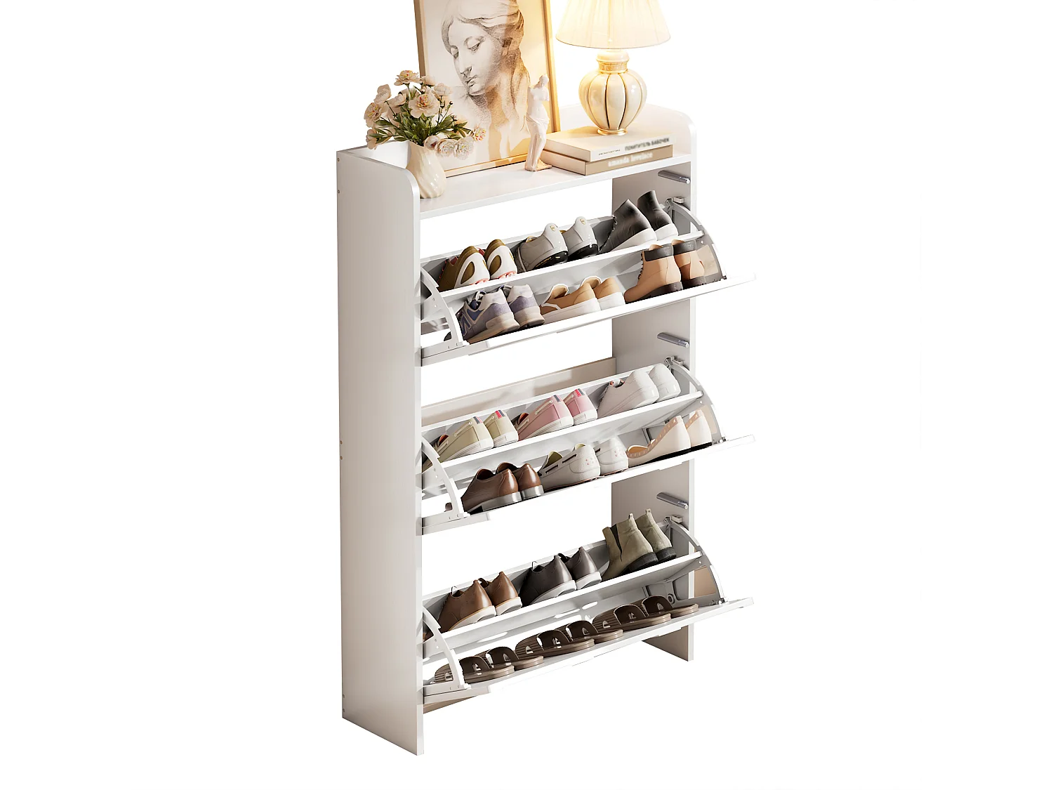 Meuble à chaussures 70x25x120 cm - avec 6 compartiments - 3 portes abattantes - MDF - Blanc