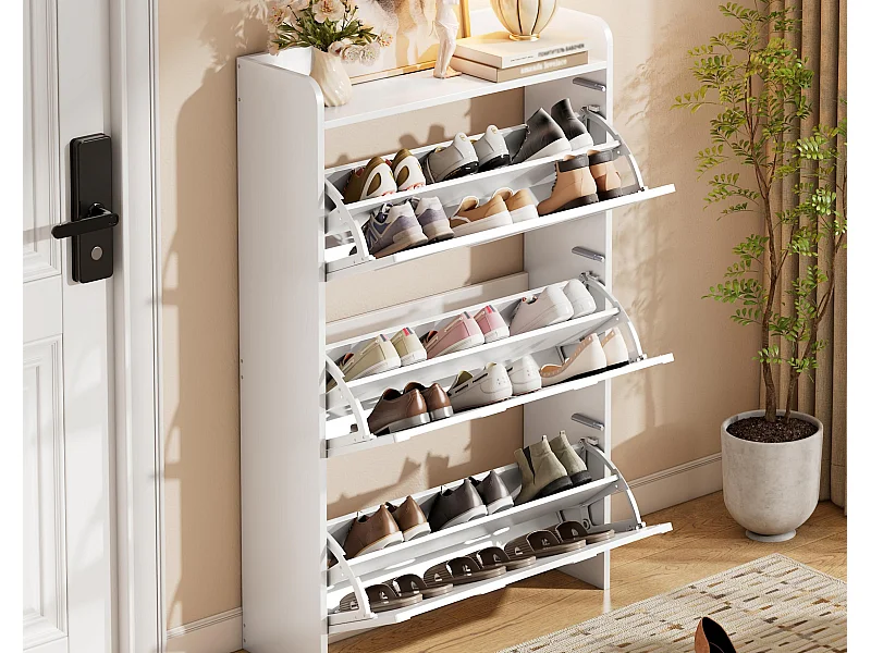 Meuble à chaussures 70x25x120 cm - avec 6 compartiments - 3 portes abattantes - MDF - Blanc