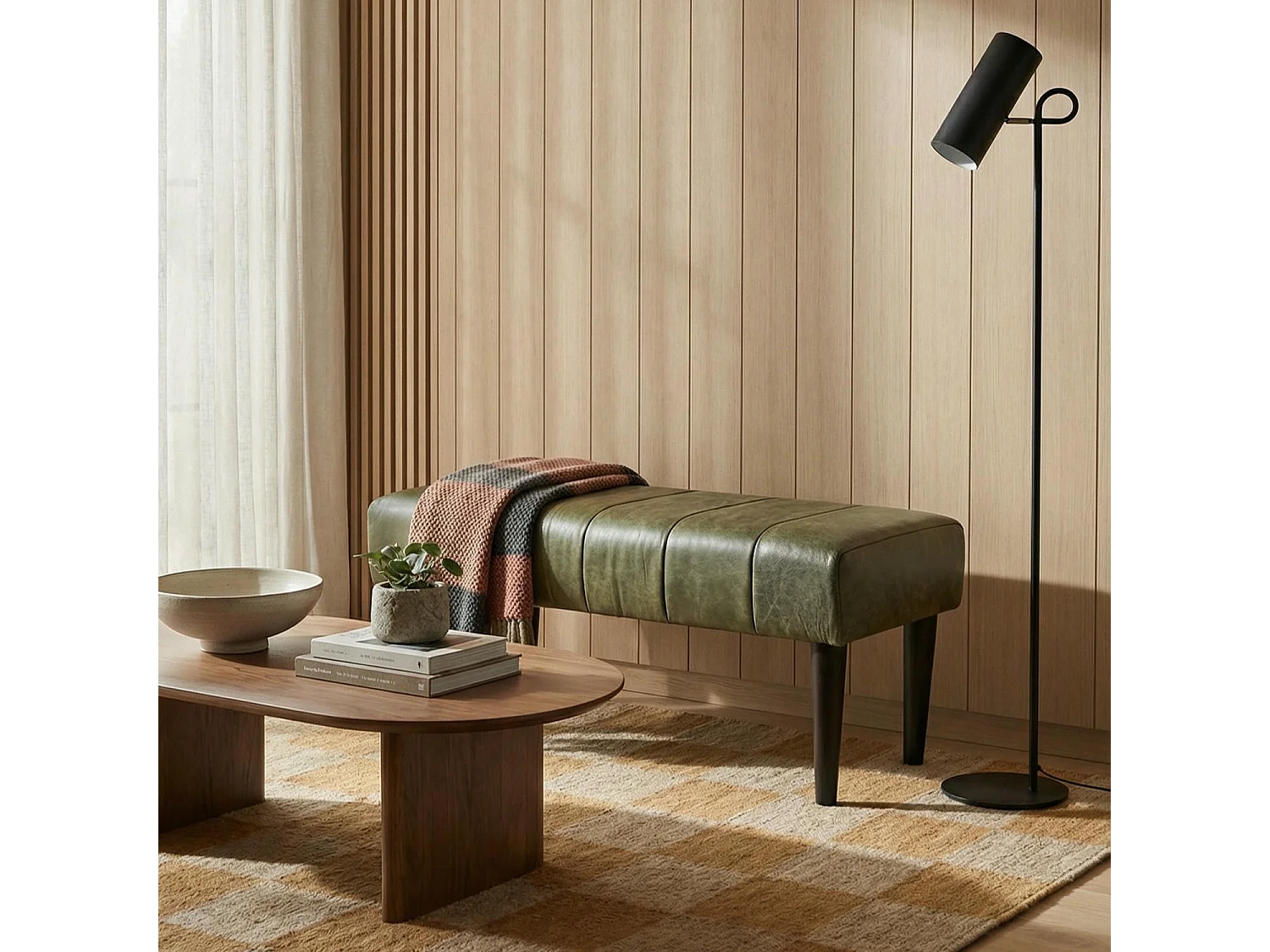 Sitzbank 120 cm Athea - Leder & MDF, Massivholz, Schaumstoff - Olivgrün