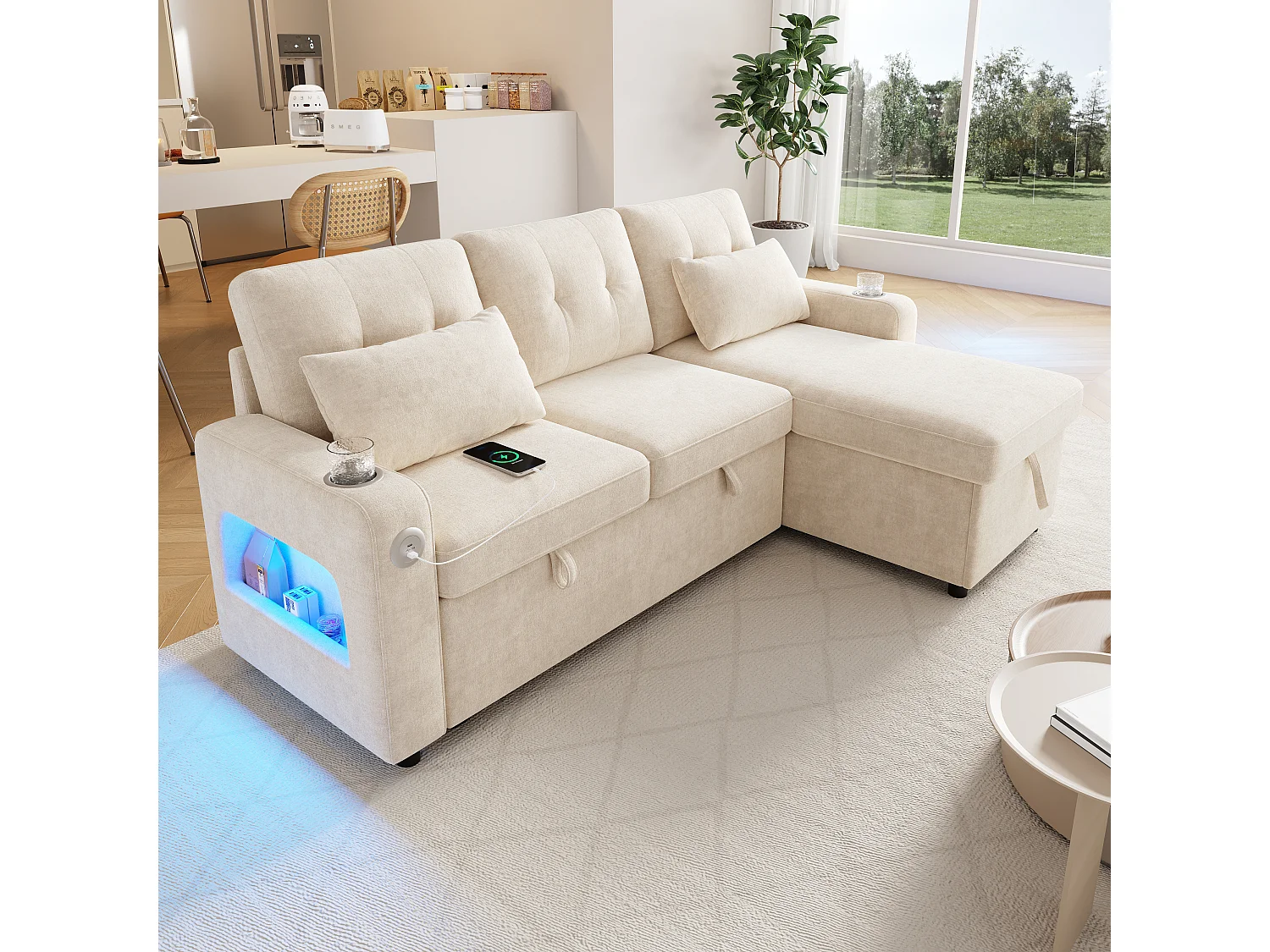 Canapé d'angle en L - avec espace de rangement - ports USB/Type-C - porte-gobelets - éclairage LED - beige