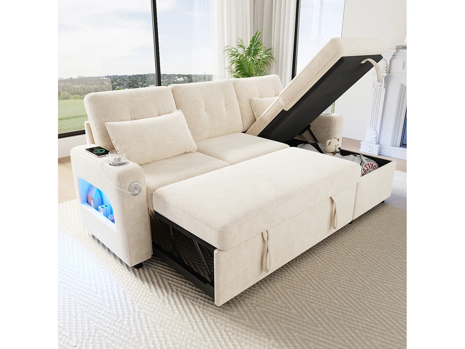 Canapé d'angle en L - avec espace de rangement - ports USB/Type-C - porte-gobelets - éclairage LED - beige