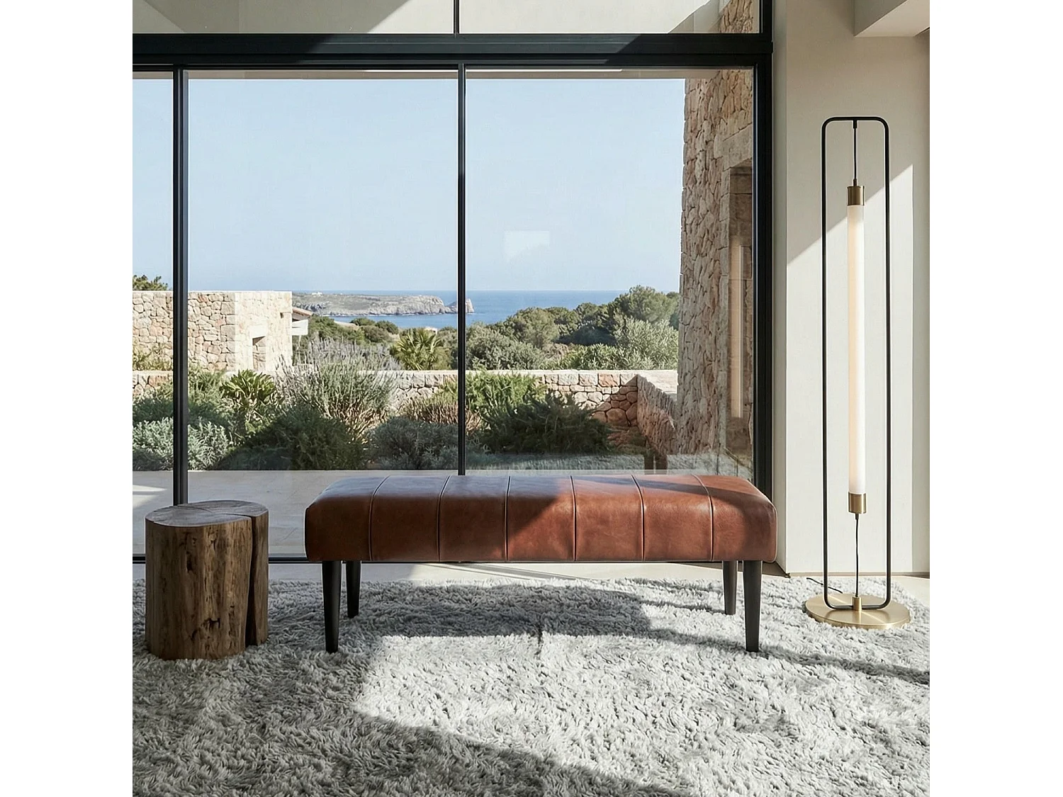 Sitzbank 120 cm Athea - Leder & MDF, Massivholz, Schaumstoff - Braun