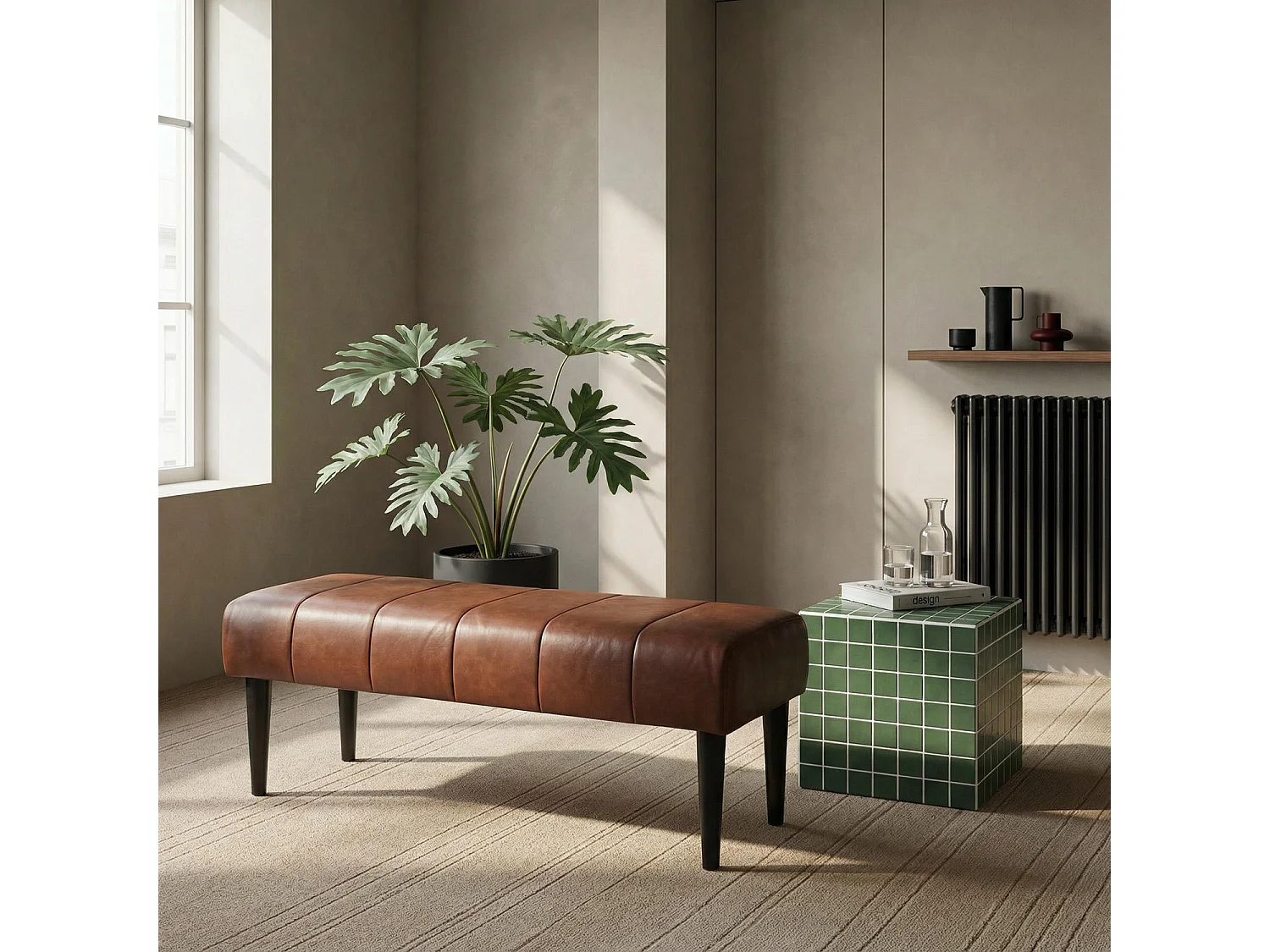 Sitzbank 120 cm Athea - Leder & MDF, Massivholz, Schaumstoff - Braun