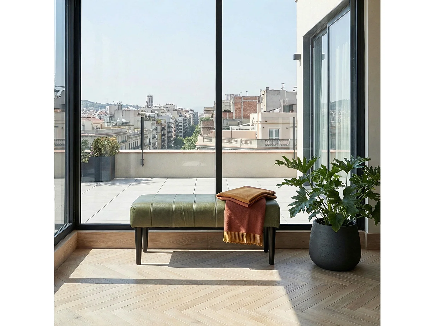 Sitzbank 92 cm Athea - Leder & MDF, Massivholz, Schaumstoff - Olivgrün