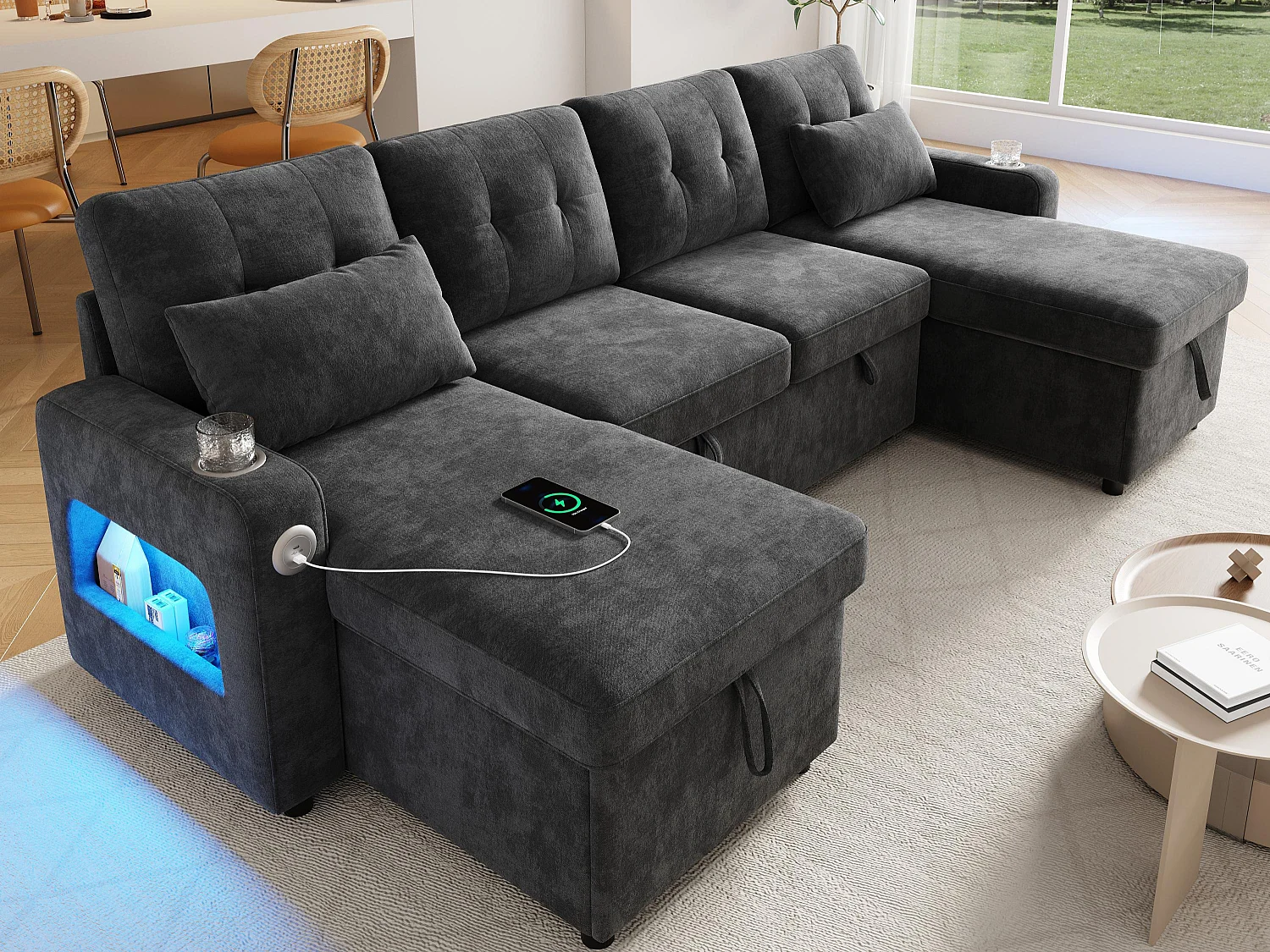 Canapé d'angle 4 places - avec rangement - avec porte-gobelet - avec port USB - avec éclairage LED - gris