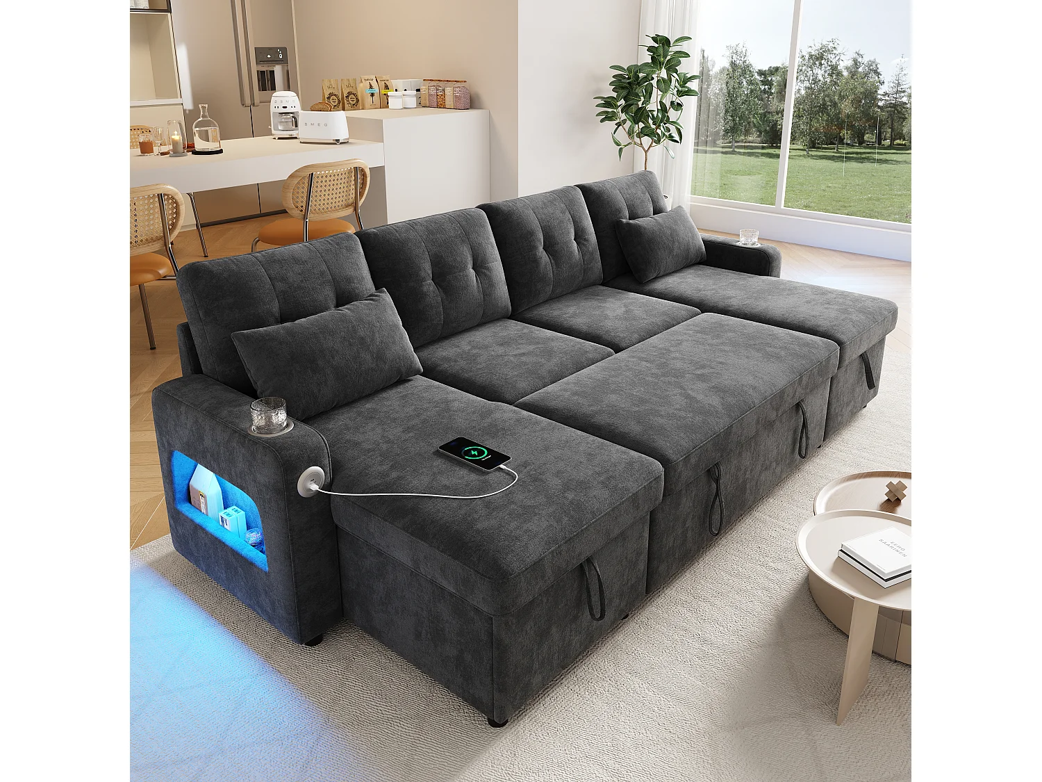 Canapé d'angle 4 places - avec rangement - avec porte-gobelet - avec port USB - avec éclairage LED - gris