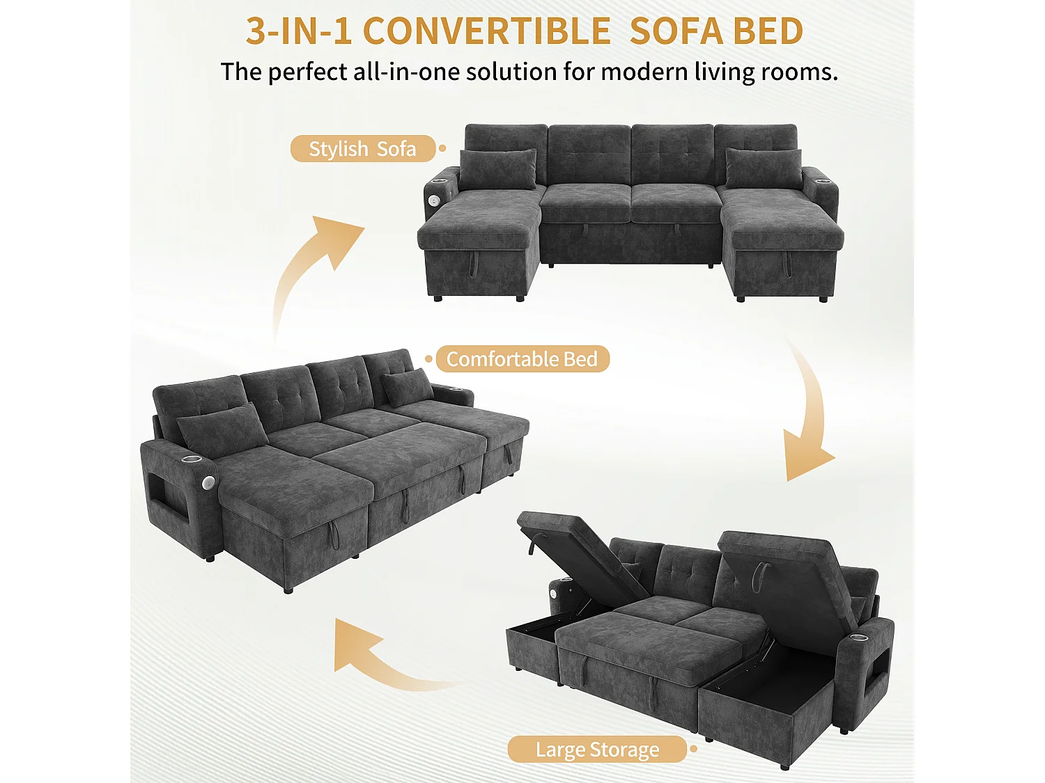 Canapé d'angle 4 places - avec rangement - avec porte-gobelet - avec port USB - avec éclairage LED - gris