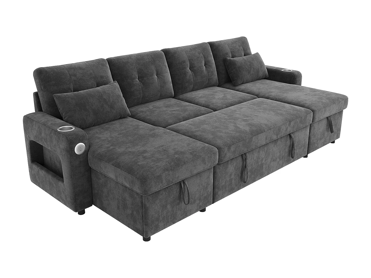 Canapé d'angle 4 places - avec rangement - avec porte-gobelet - avec port USB - avec éclairage LED - gris