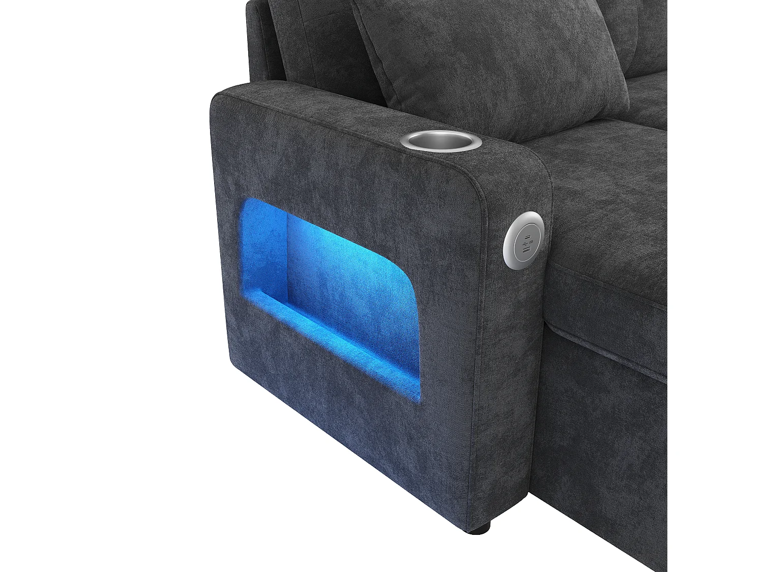 Canapé d'angle 4 places - avec rangement - avec porte-gobelet - avec port USB - avec éclairage LED - gris