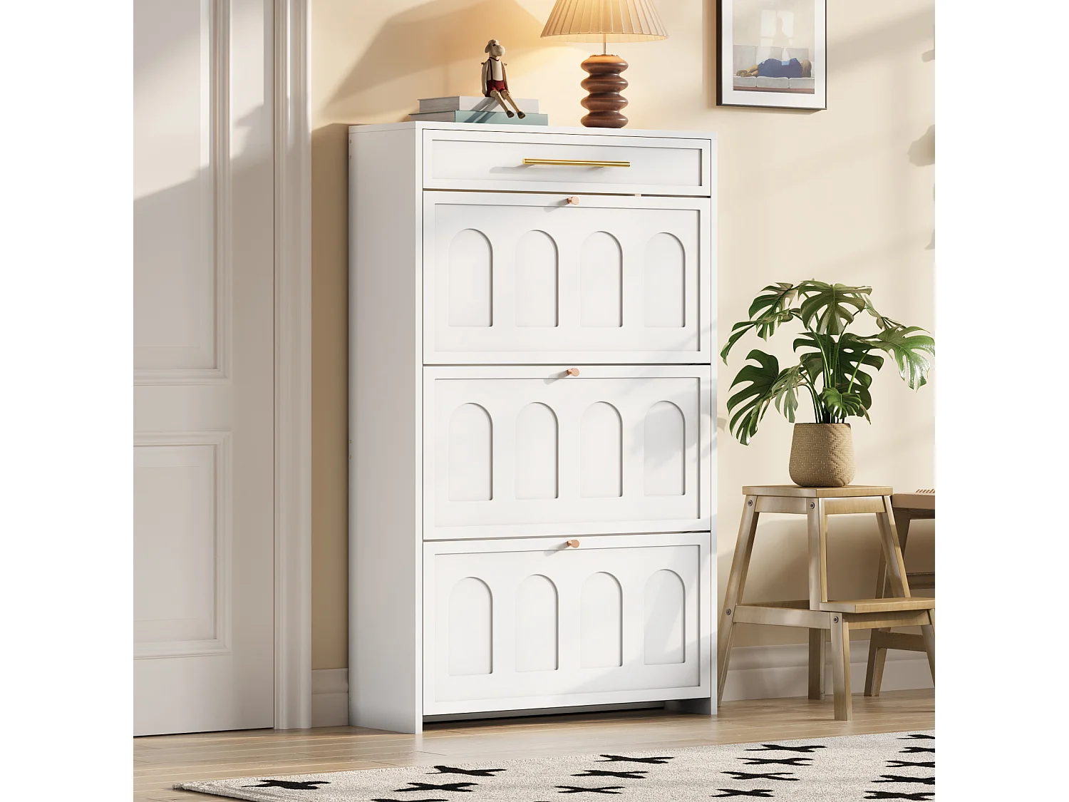 Meuble à chaussures moderne 70x25x123,5 cm - 3 portes abattantes et 1 tiroir - 6 étagères - MDF - Blanc