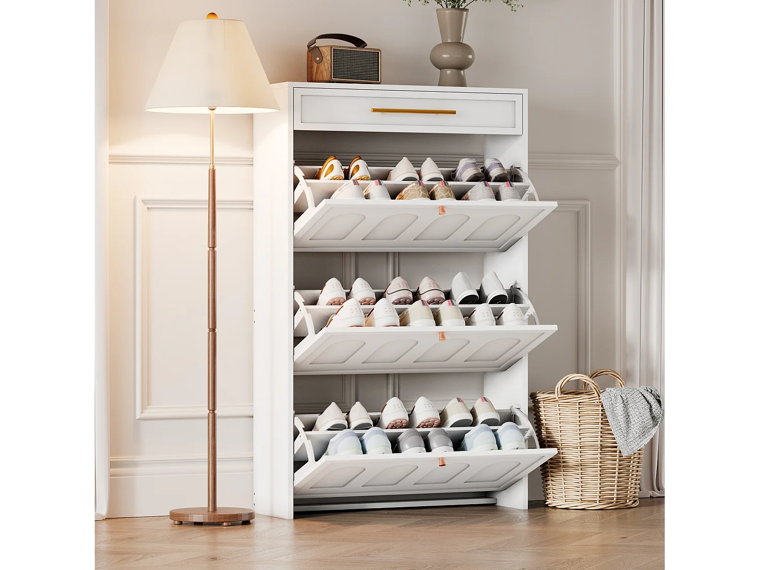 Meuble à chaussures moderne 70x25x123,5 cm - 3 portes abattantes et 1 tiroir - 6 étagères - MDF - Blanc