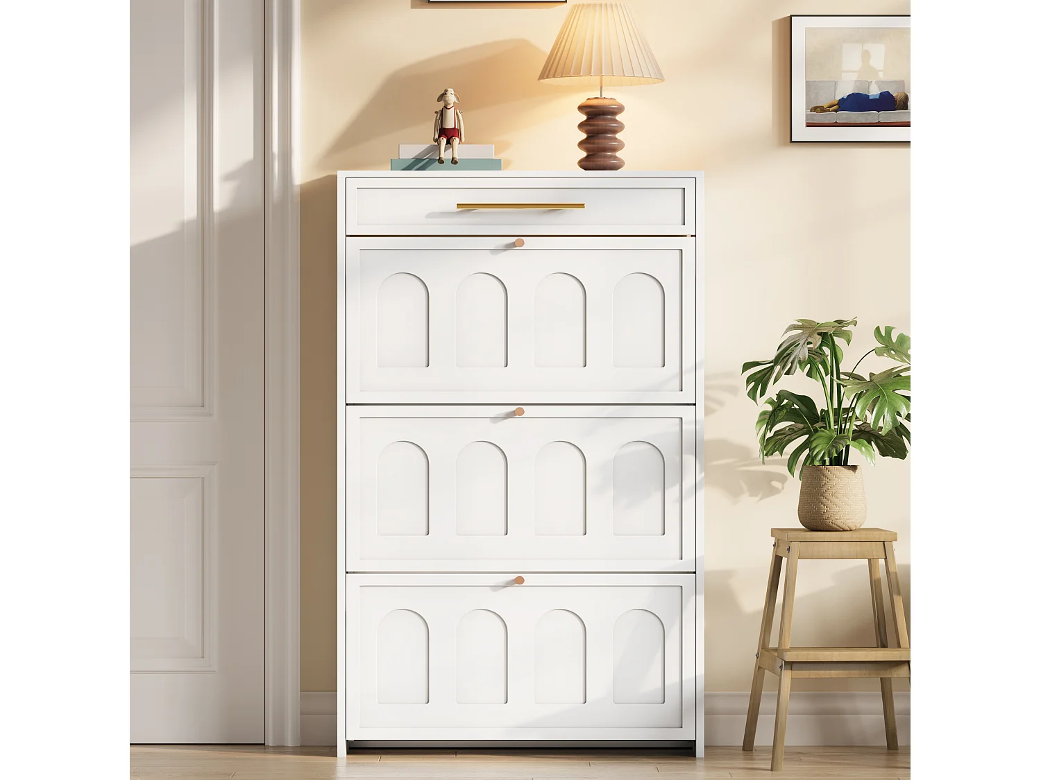 Meuble à chaussures moderne 70x25x123,5 cm - 3 portes abattantes et 1 tiroir - 6 étagères - MDF - Blanc