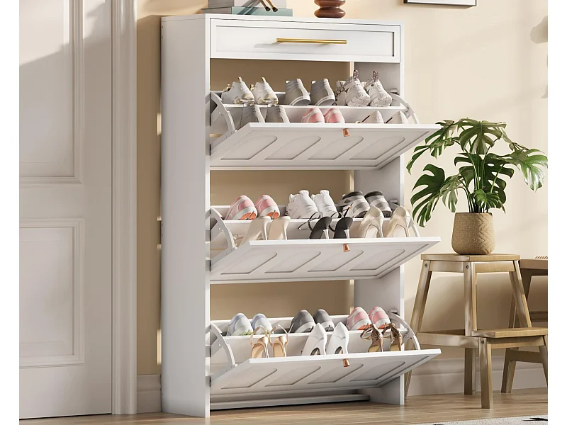 Meuble à chaussures moderne 70x25x123,5 cm - 3 portes abattantes et 1 tiroir - 6 étagères - MDF - Blanc