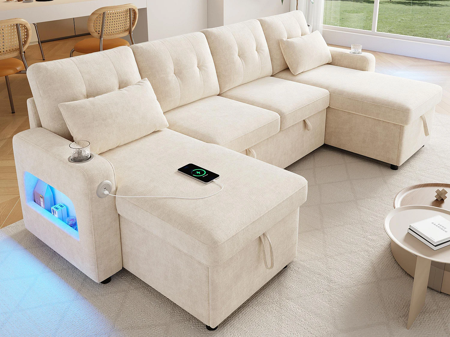 Canapé d'angle 4 places - avec rangement - avec porte-gobelet - avec port USB - avec éclairage LED - beige