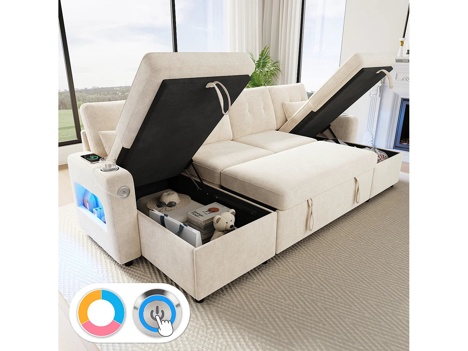 Canapé d'angle 4 places - avec rangement - avec porte-gobelet - avec port USB - avec éclairage LED - beige