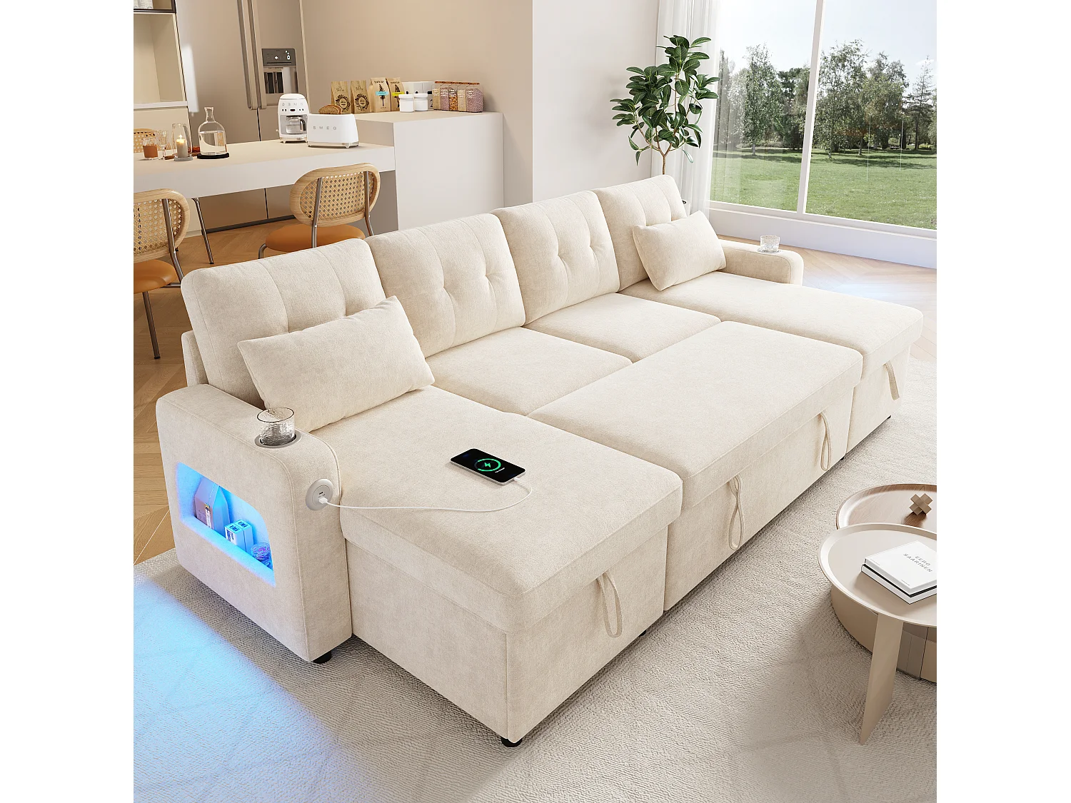 Canapé d'angle 4 places - avec rangement - avec porte-gobelet - avec port USB - avec éclairage LED - beige