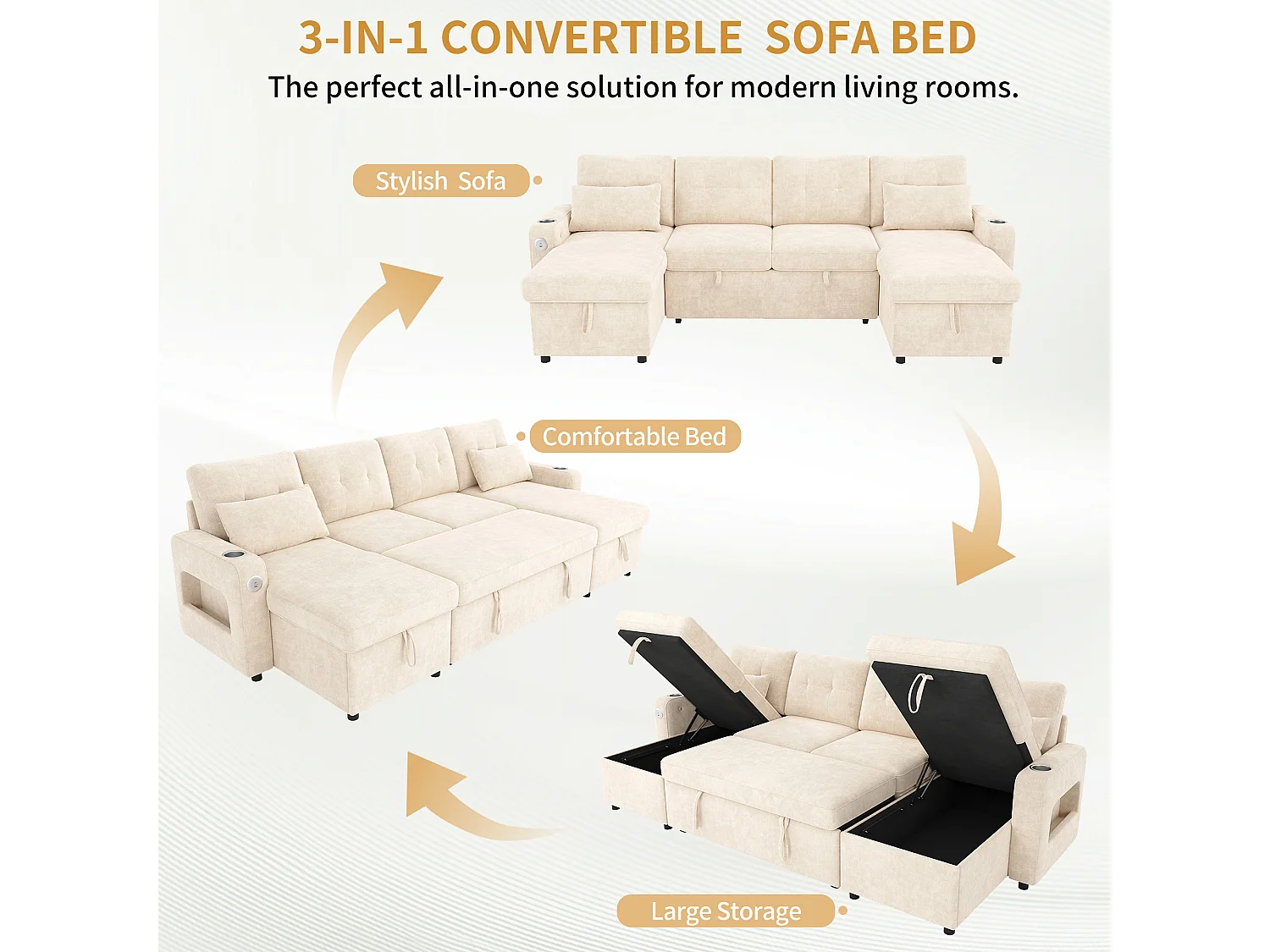 Canapé d'angle 4 places - avec rangement - avec porte-gobelet - avec port USB - avec éclairage LED - beige