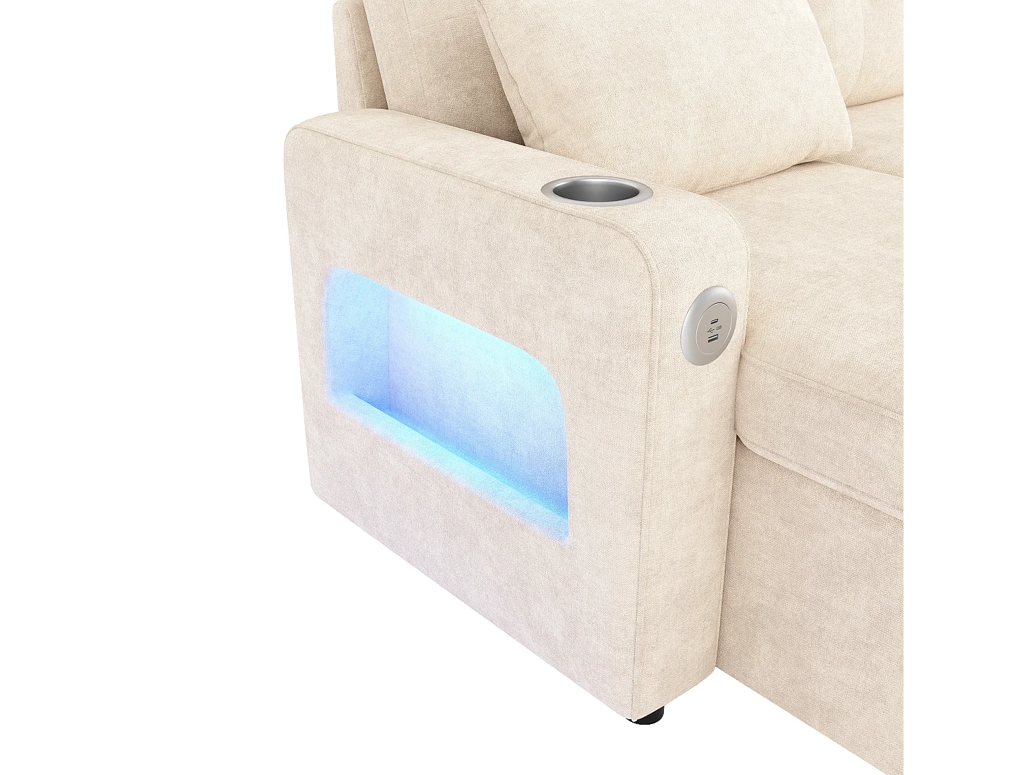 Canapé d'angle 4 places - avec rangement - avec porte-gobelet - avec port USB - avec éclairage LED - beige