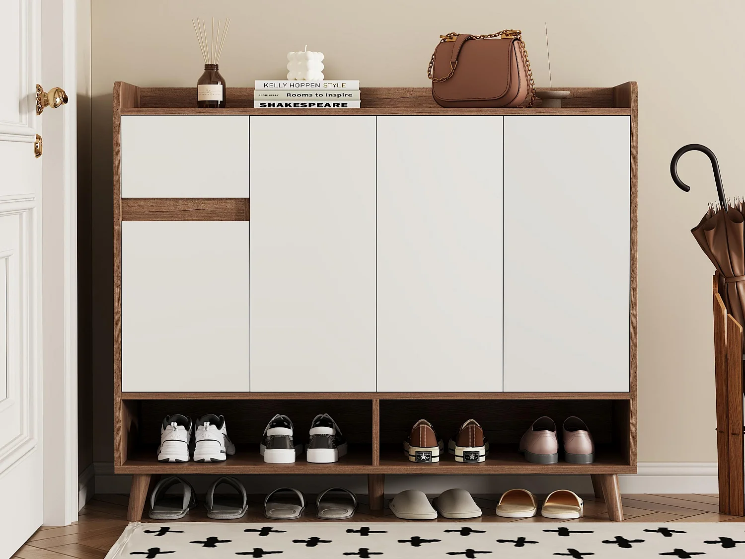 Meuble à chaussures 120x35x90cm - avec 4 portes et 1 tiroir - étagère réglable - Naturel + Blanc