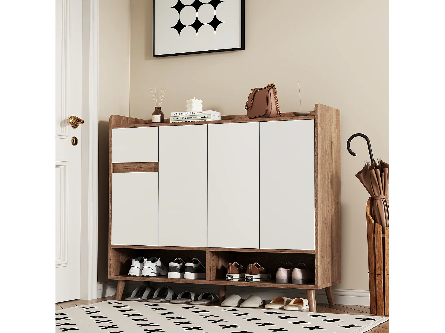 Meuble à chaussures 120x35x90cm - avec 4 portes et 1 tiroir - étagère réglable - Naturel + Blanc