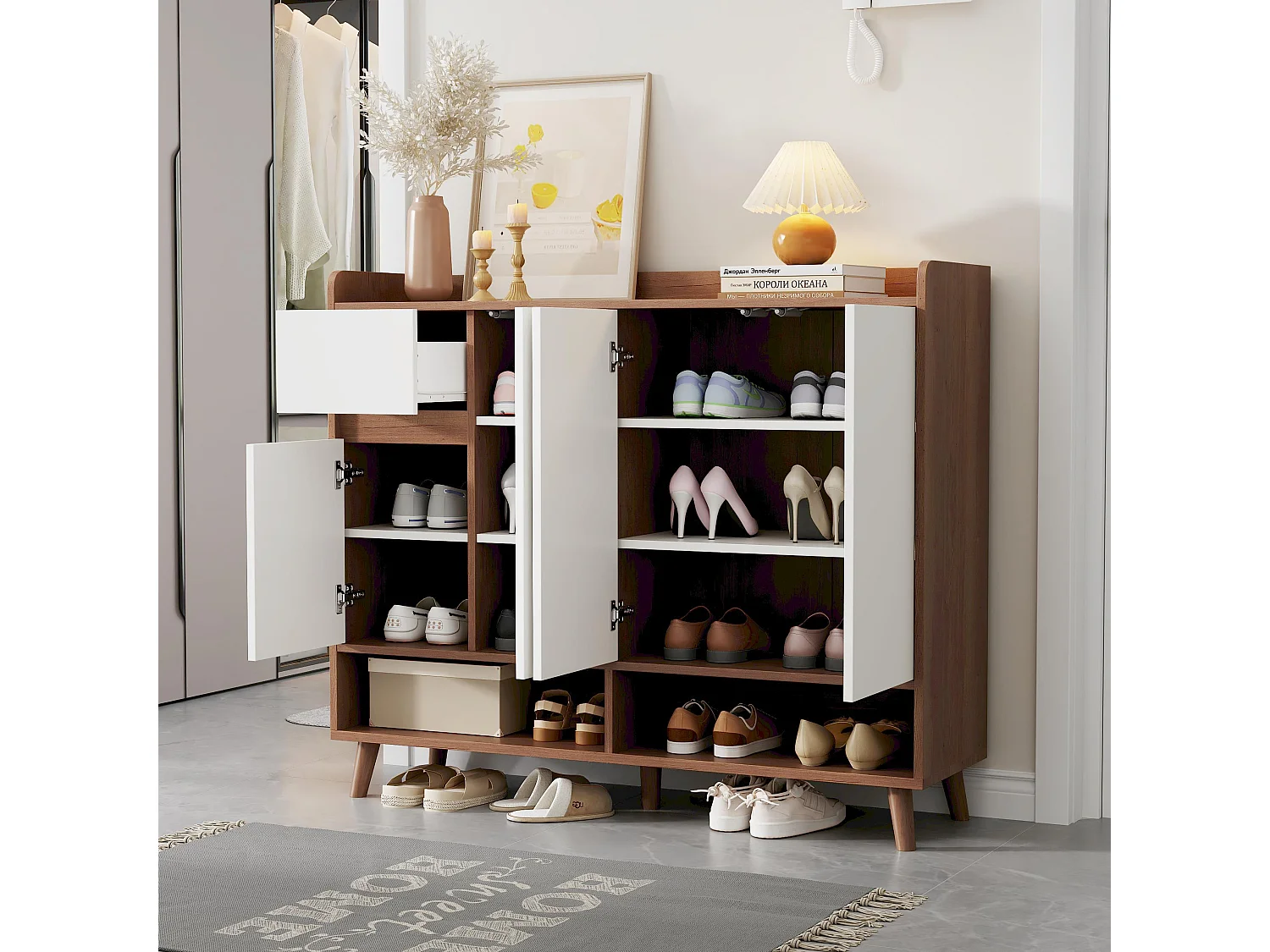 Meuble à chaussures 120x35x90cm - avec 4 portes et 1 tiroir - étagère réglable - Naturel + Blanc