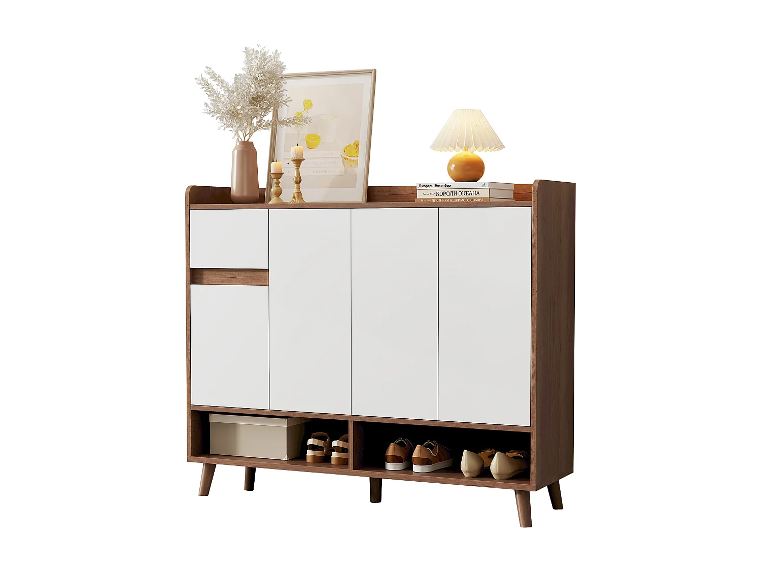 Meuble à chaussures 120x35x90cm - avec 4 portes et 1 tiroir - étagère réglable - Naturel + Blanc