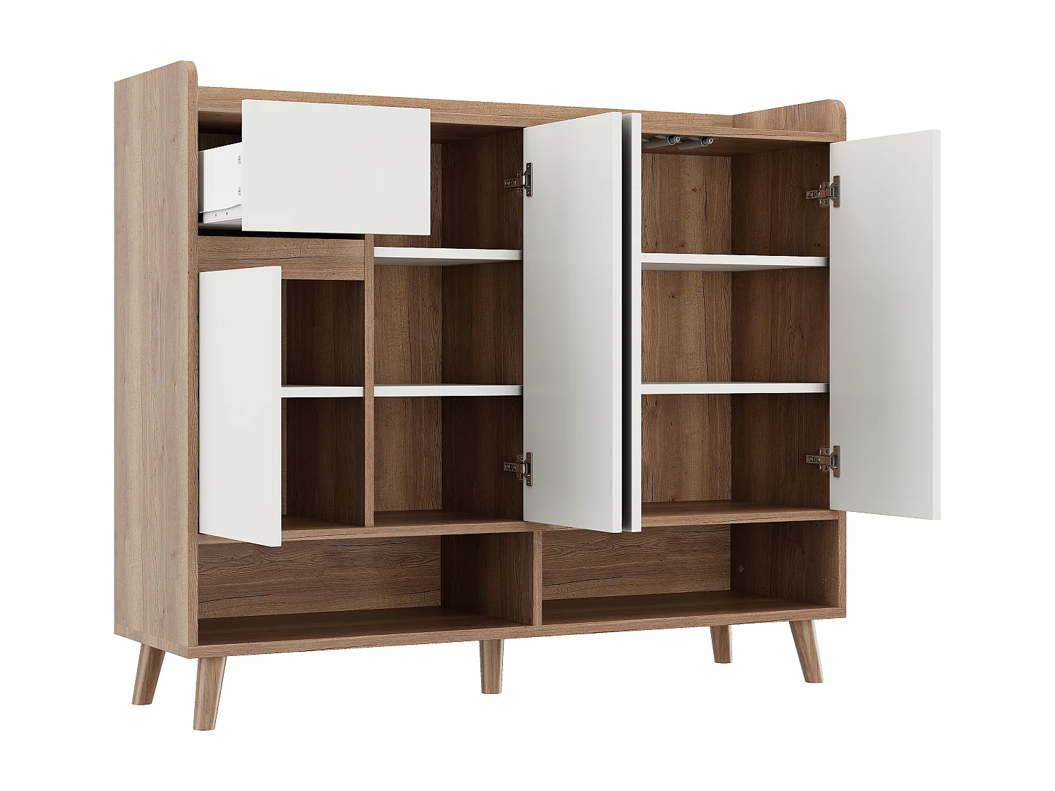 Meuble à chaussures 120x35x90cm - avec 4 portes et 1 tiroir - étagère réglable - Naturel + Blanc