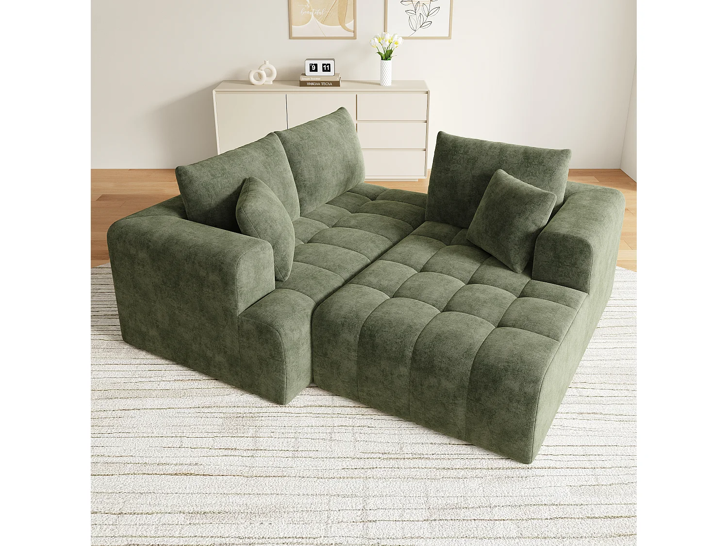 Canapé d'angle en L - 3 places - Canapé Cloud - Combinaison flexible - Aucun montage requis - Vert