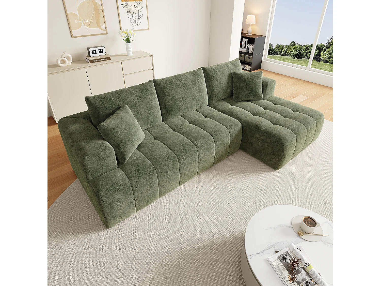 Canapé d'angle en L - 3 places - Canapé Cloud - Combinaison flexible - Aucun montage requis - Vert