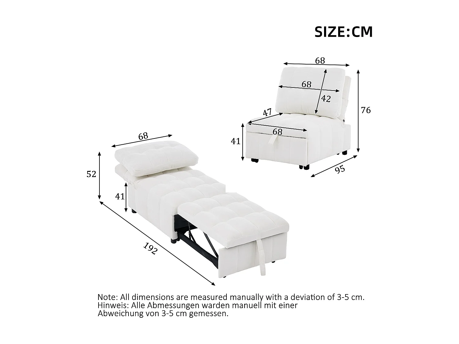 Canapé une place - 68x95x76 cm - dossier réglable - profondeur d'assise réglable - blanc